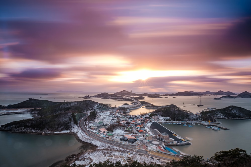 an aerial view of a city and a harbor