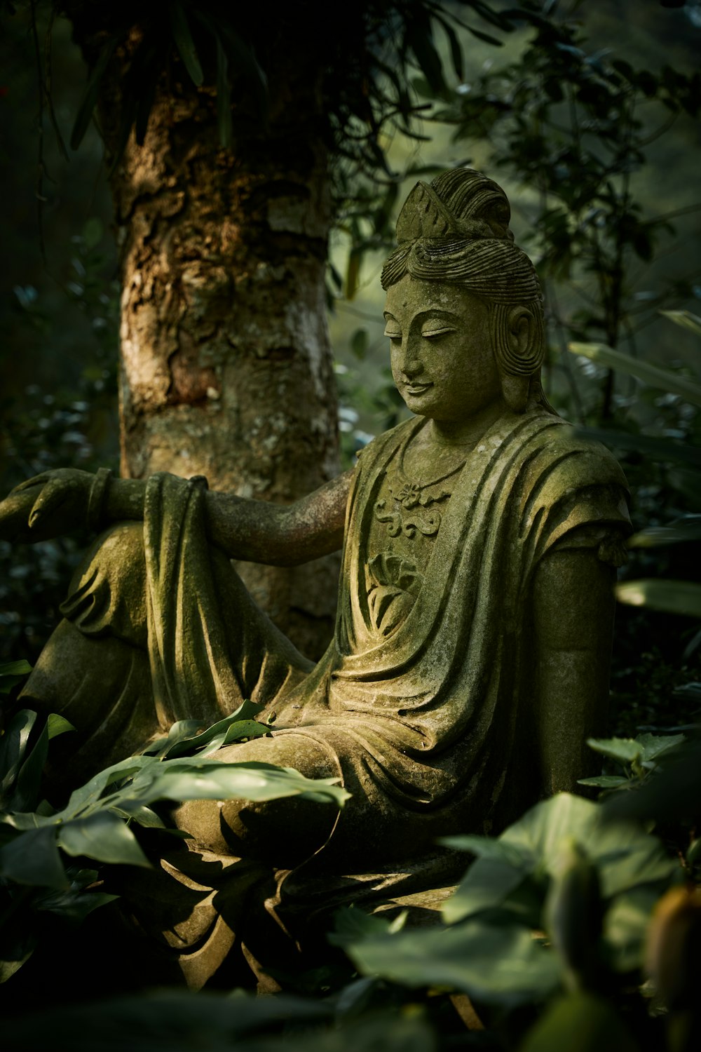 a buddha statue sitting in the middle of a forest