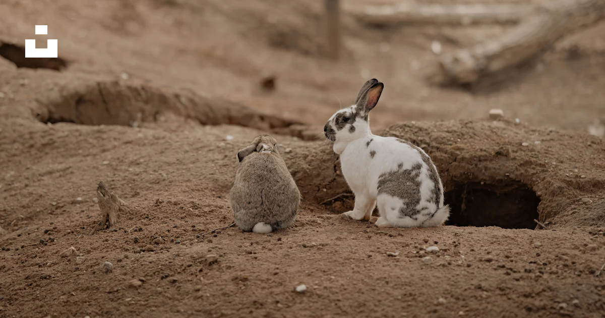 Rabbit On Another Rabbit A rabbit sitting next to another rabbit in the dirt photo – Free Nature ...