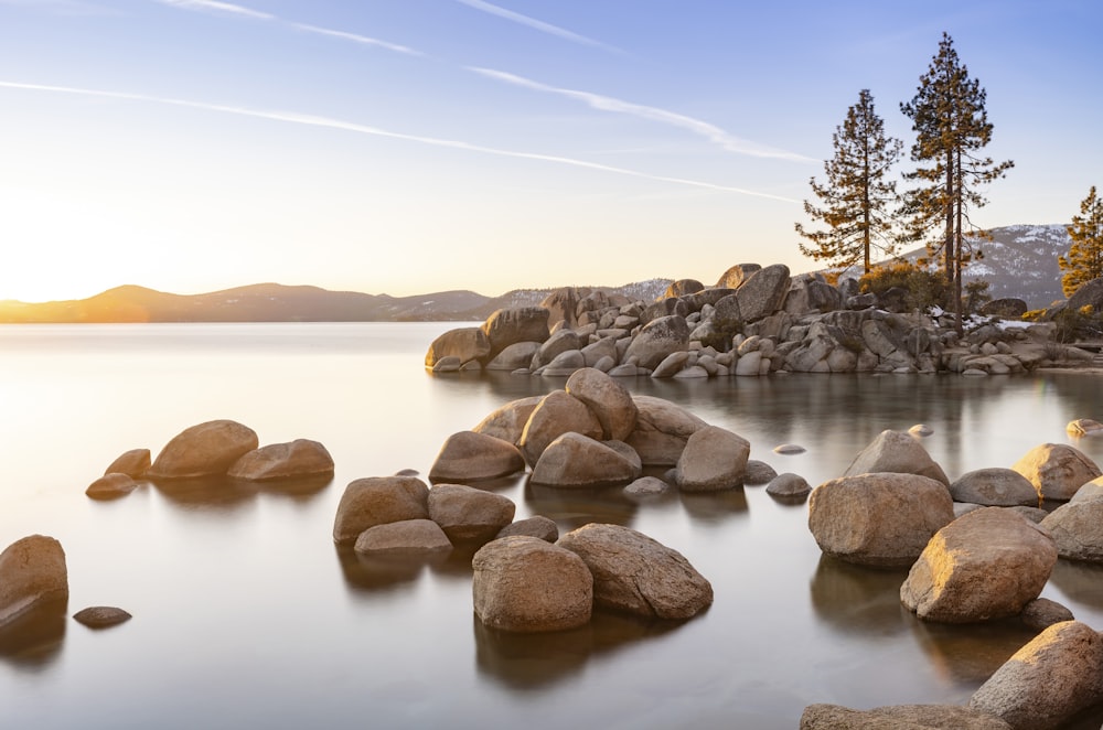 a large body of water surrounded by rocks
