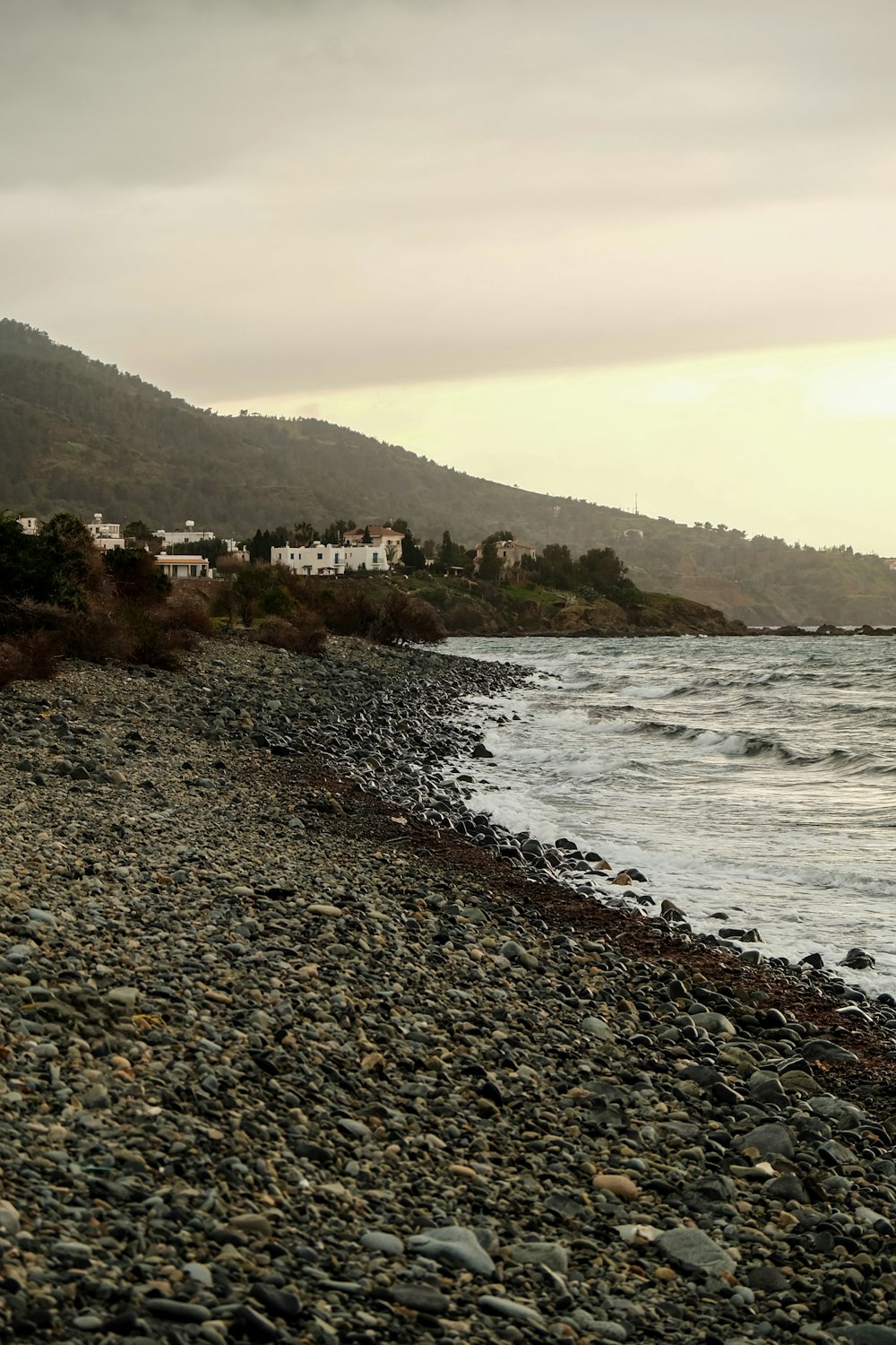 a view of a rocky beach with houses in the distance