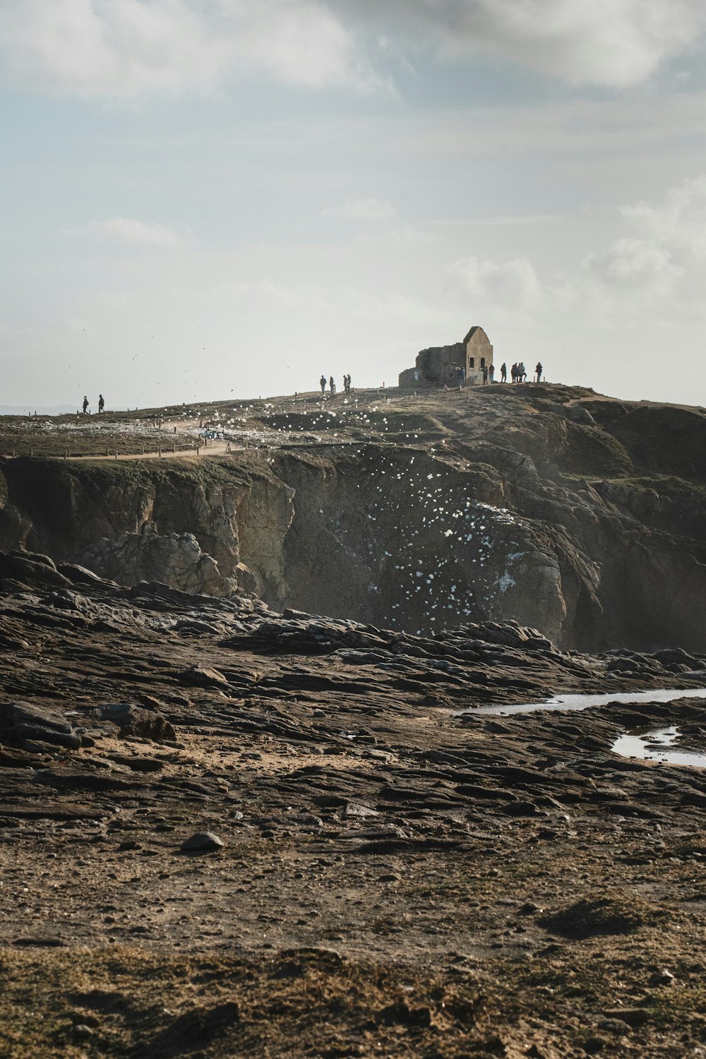 a group of people standing on top of a cliff