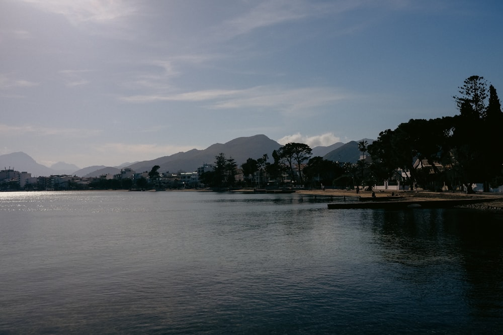 a body of water surrounded by trees and mountains