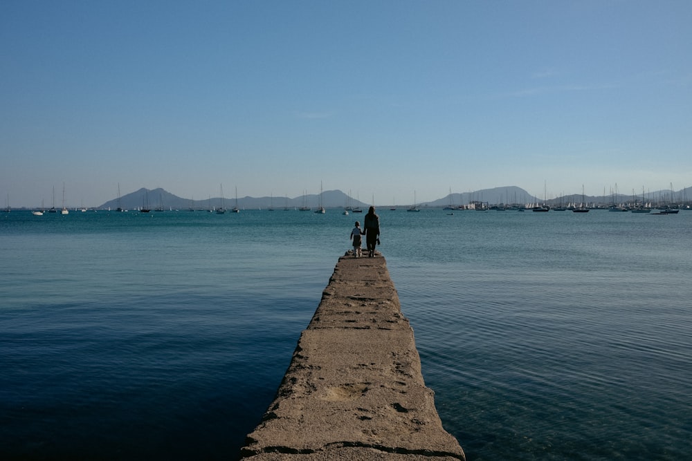 a person standing on a pier in the middle of a body of water