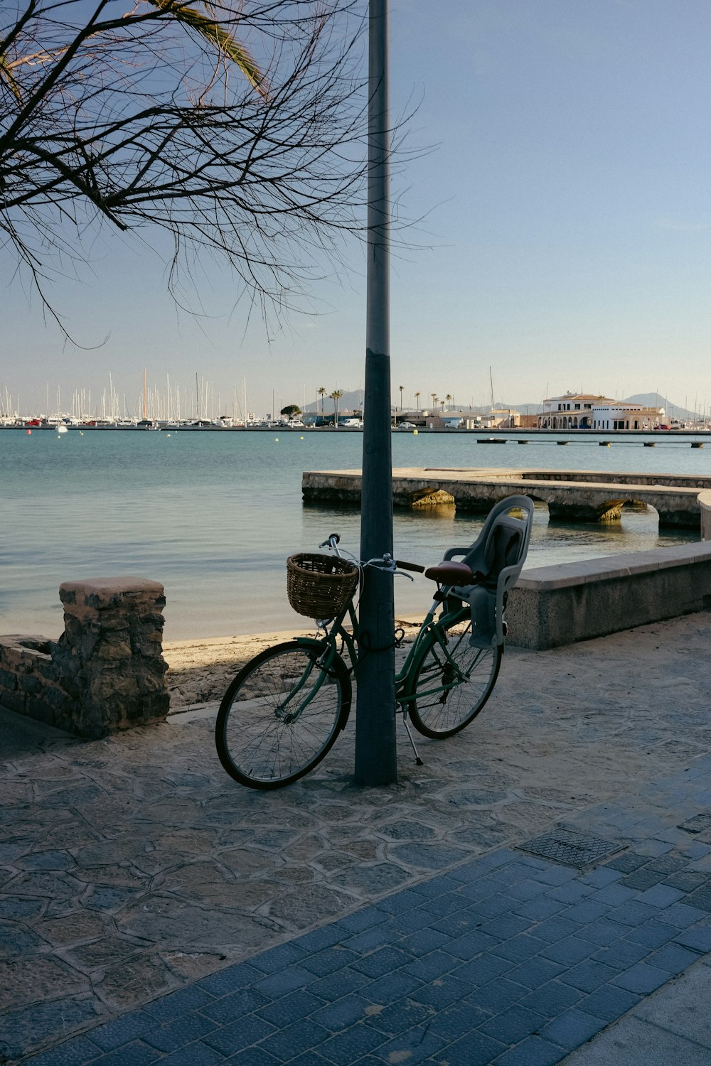 a bicycle parked next to a lamp post near the water