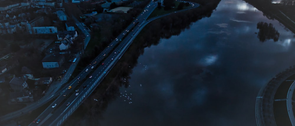 an aerial view of a city at night