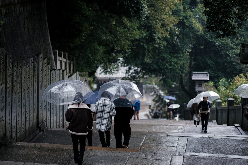 a group of people walking down a street holding umbrellas