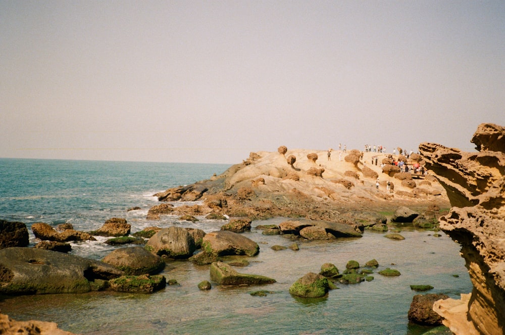 a group of people standing on top of a rocky beach