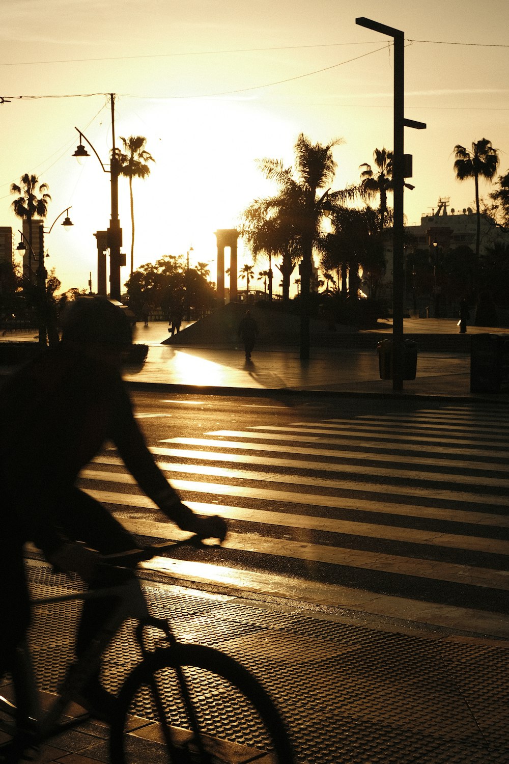 a man riding a bike down a street at sunset