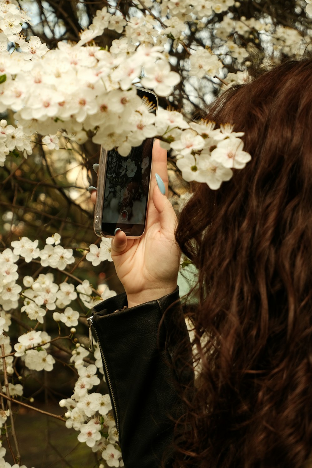 a woman taking a picture of a tree with her cell phone