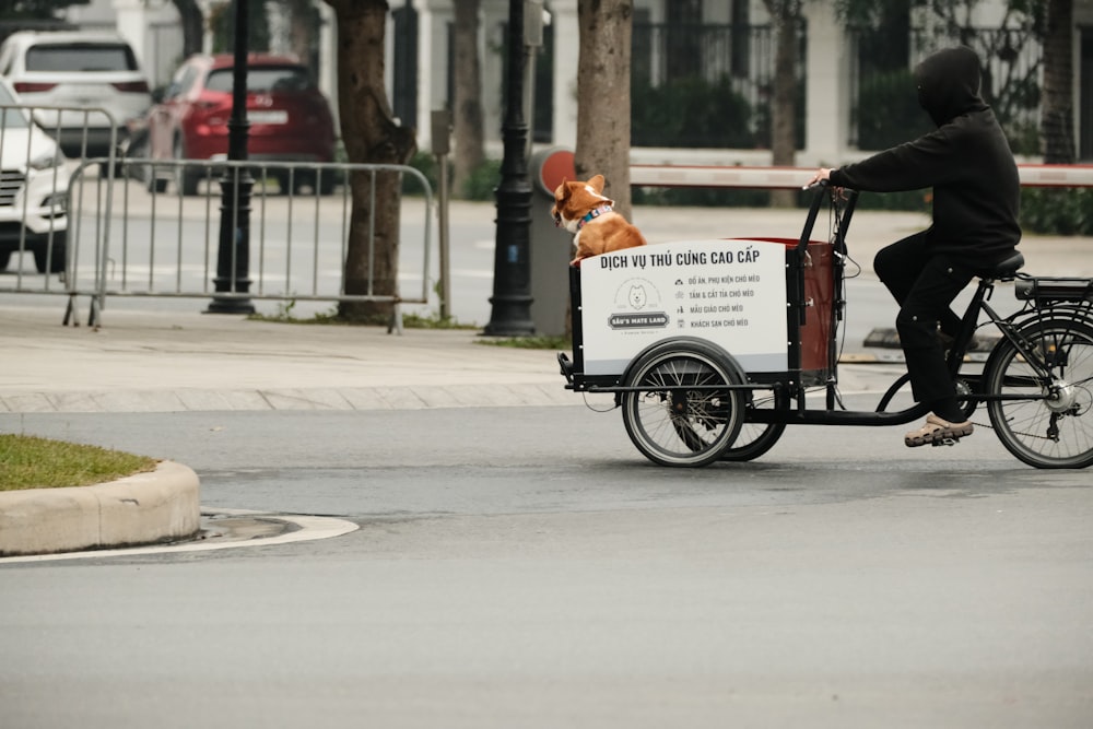 a person riding a bike with a dog in the back