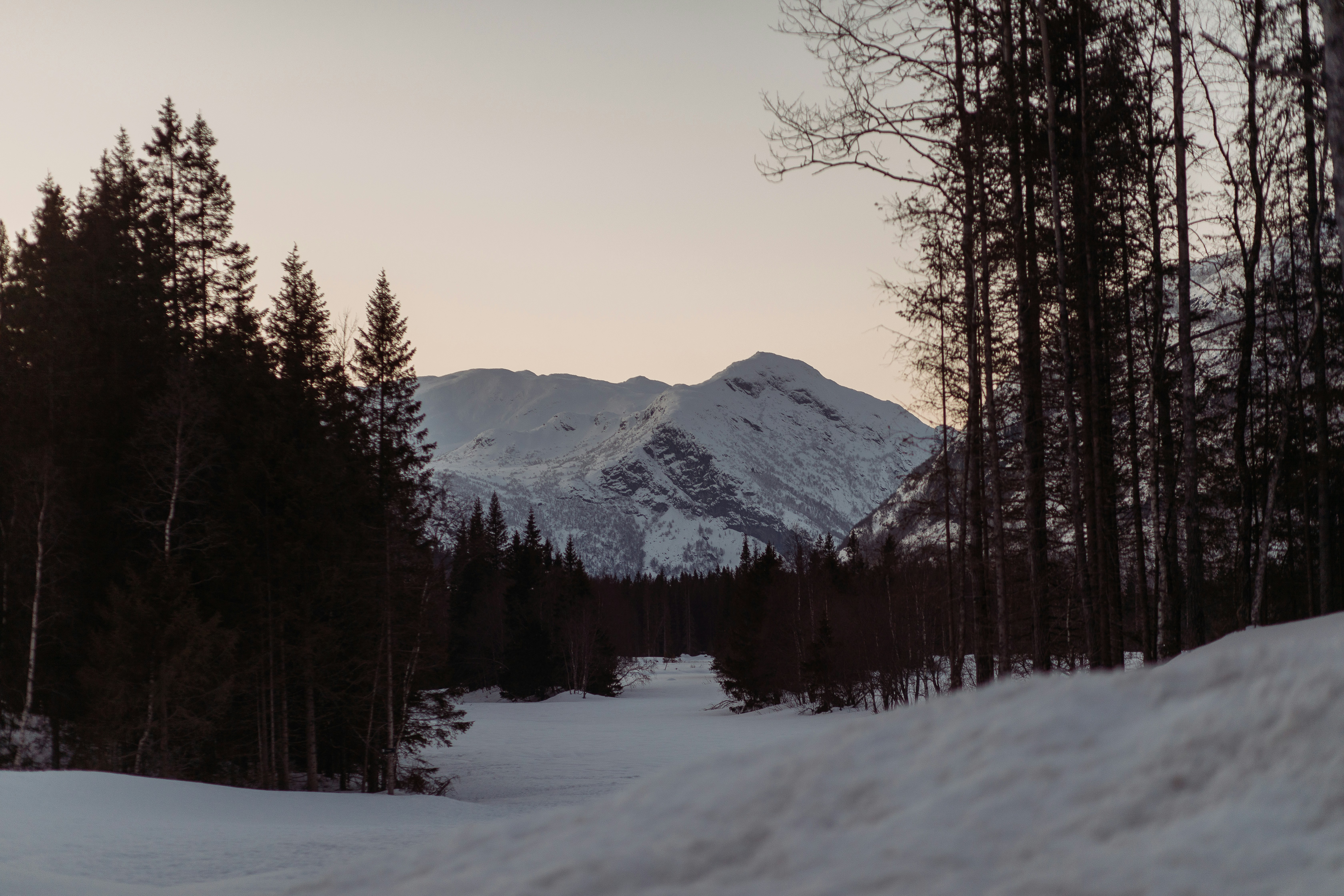 uma estrada coberta de neve com uma montanha ao fundo