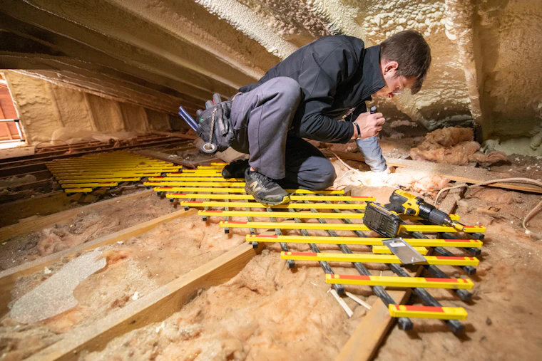 Worker applying insulation in a tight framed cavity