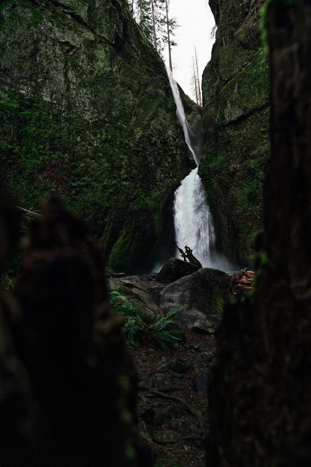 a man sitting on a rock in front of a waterfall