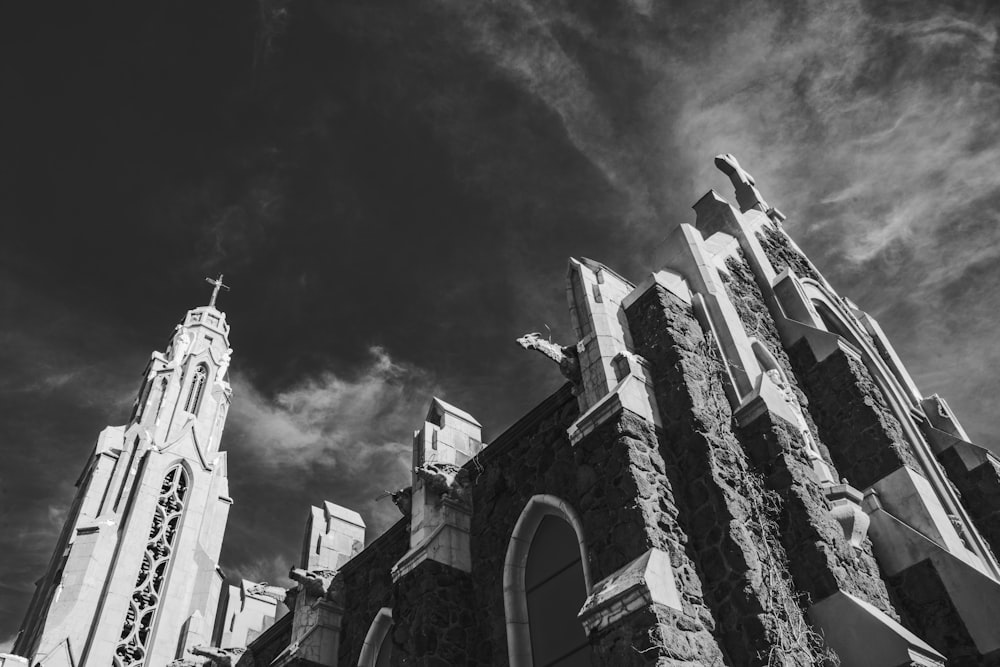 a black and white photo of a church