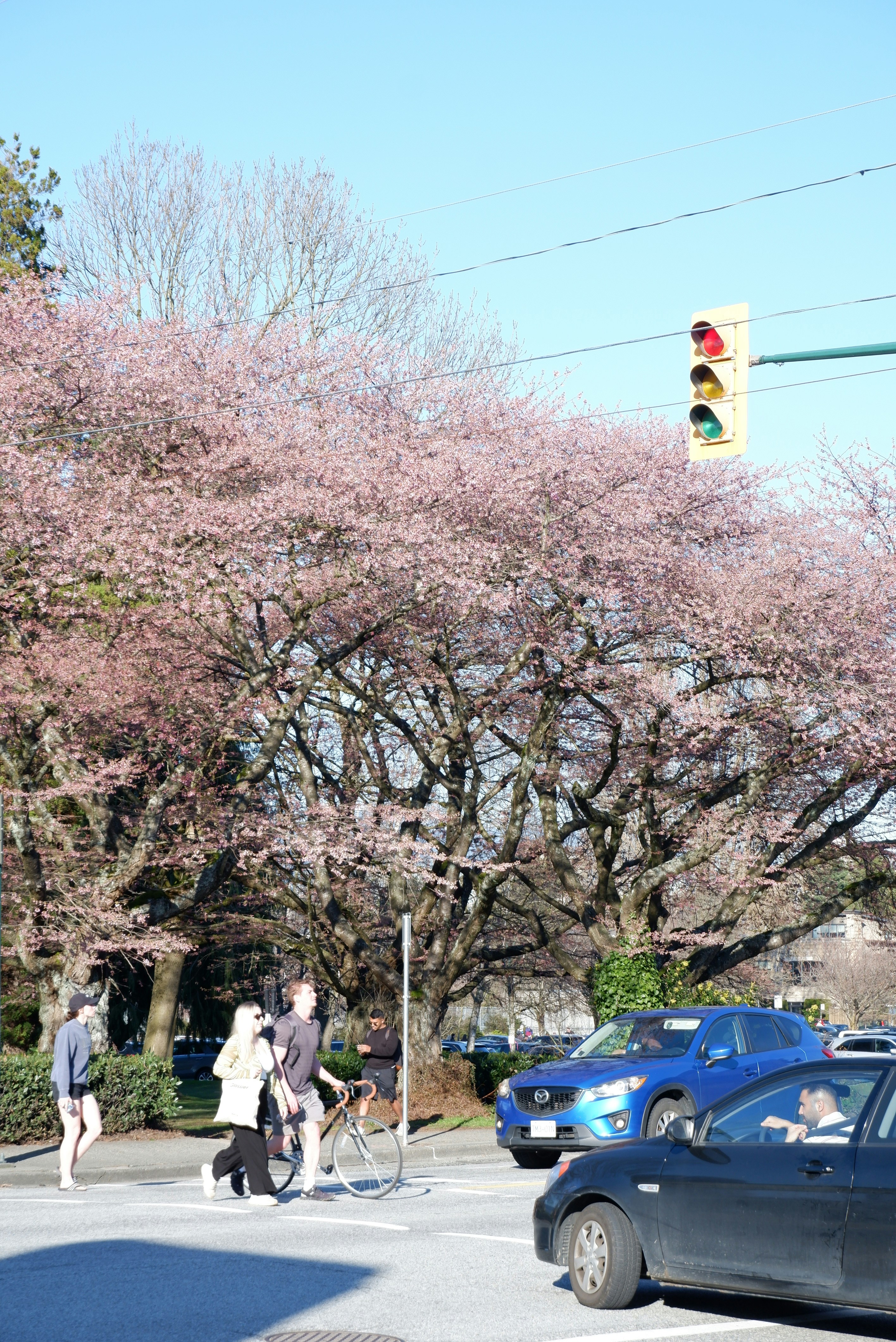 a group of people crossing a street at a traffic light