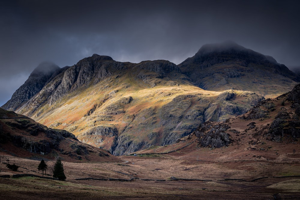 a mountain range with a few trees in the foreground