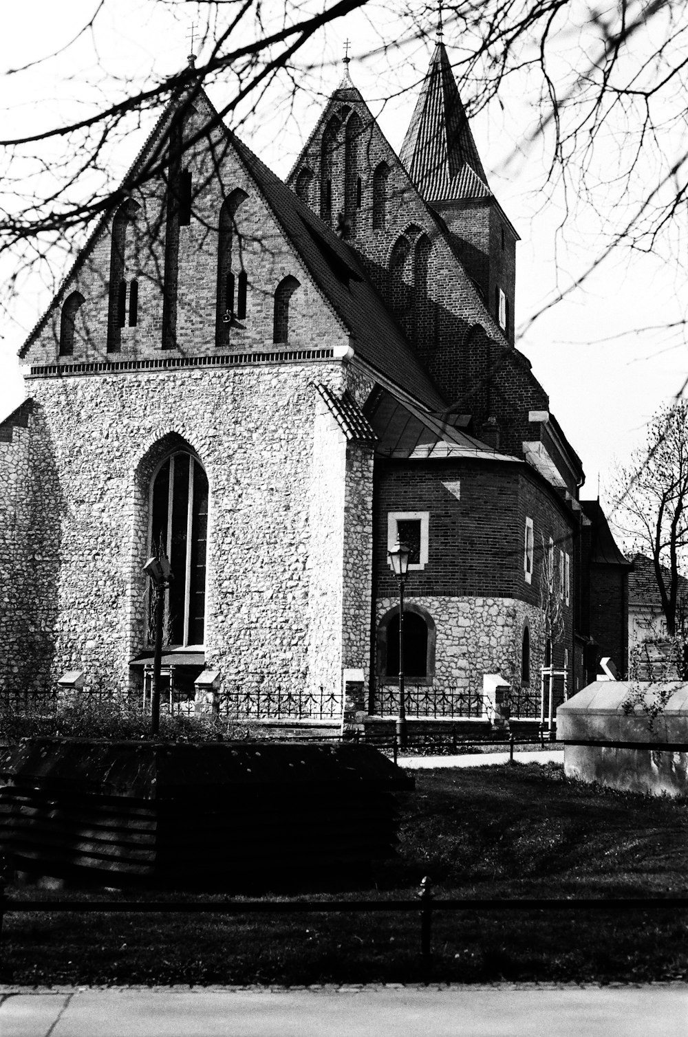 a black and white photo of a church