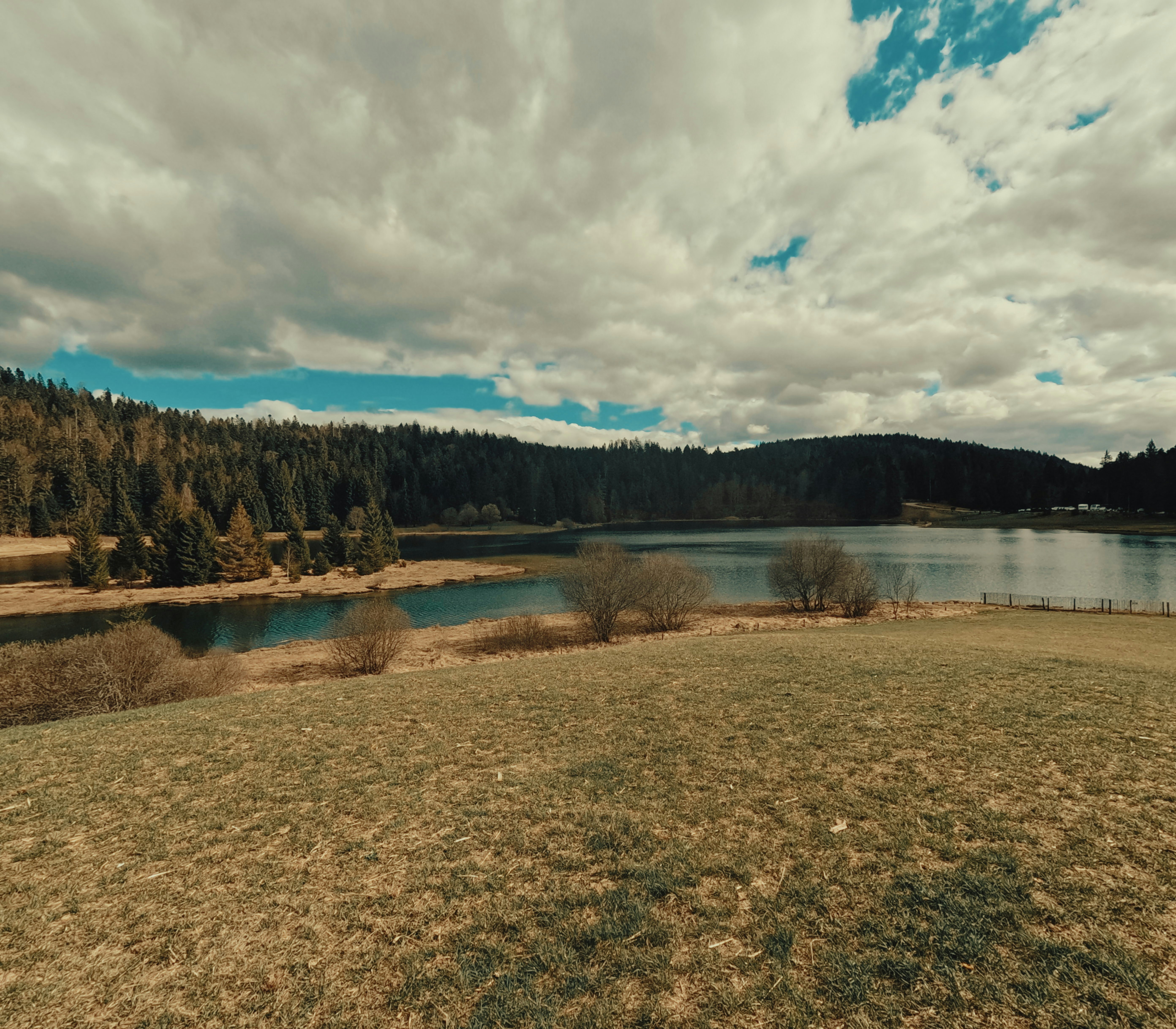 a large field with a lake in the middle of it