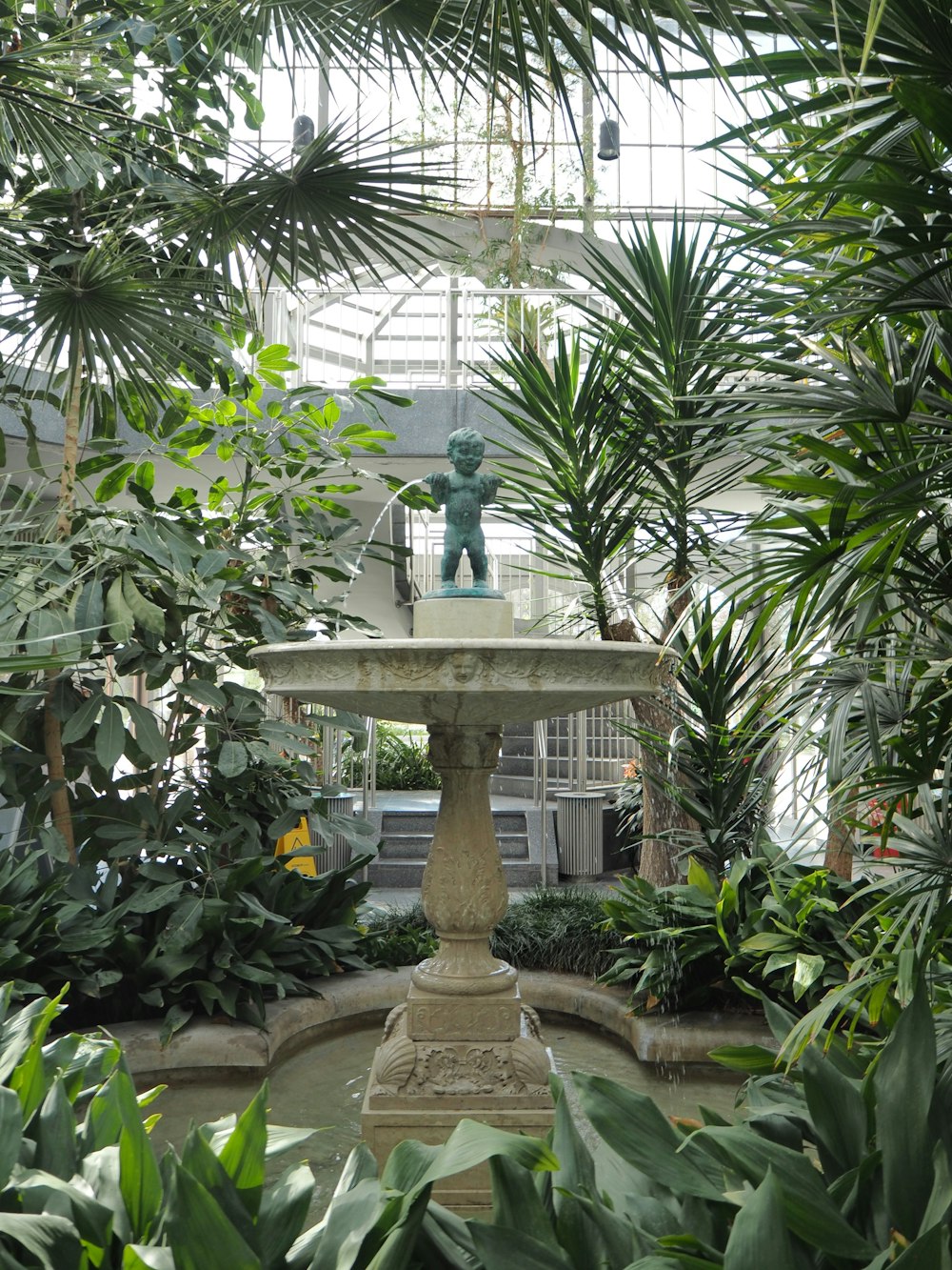 a fountain surrounded by plants in a greenhouse