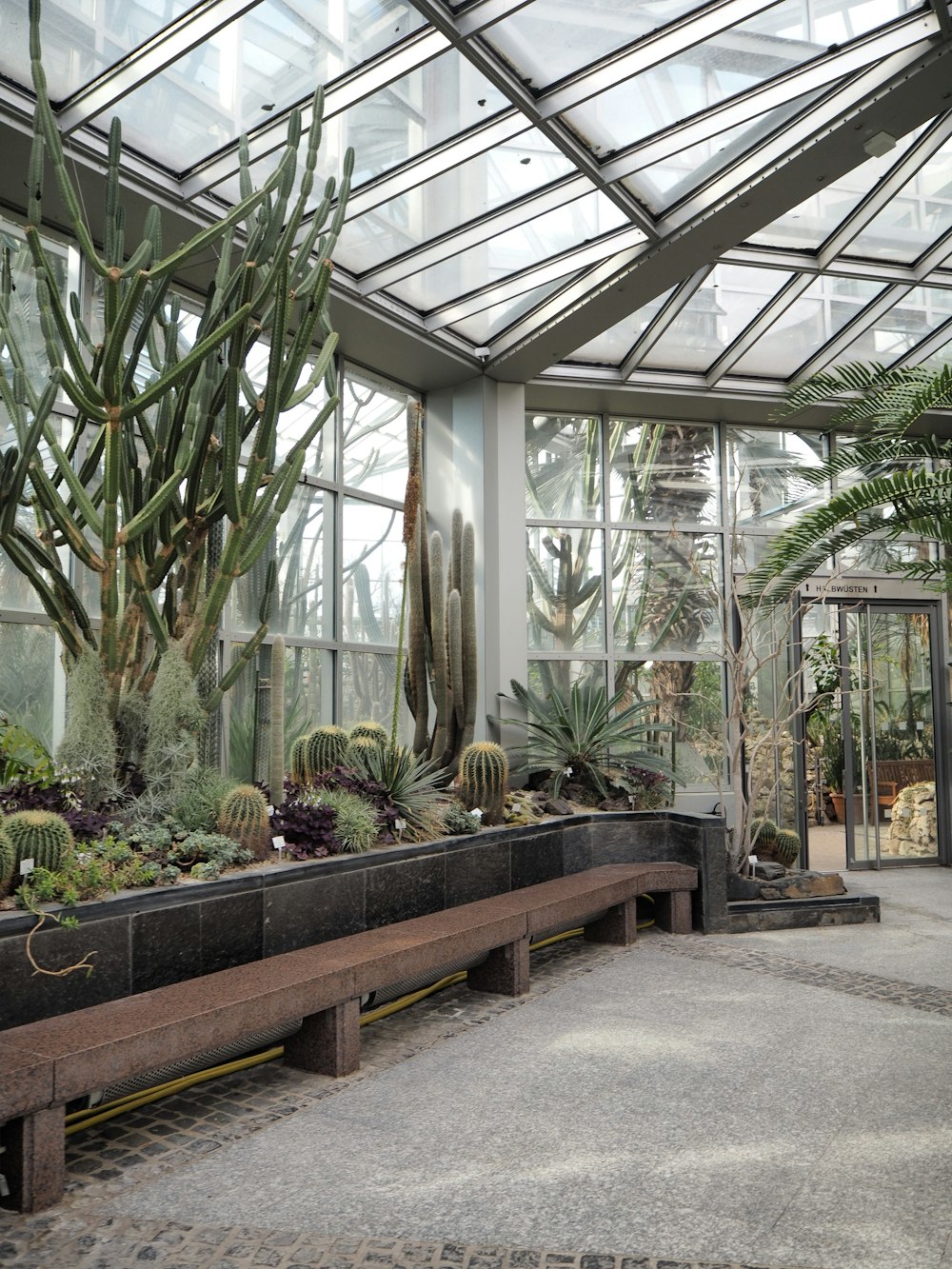 a long bench in a greenhouse filled with lots of plants