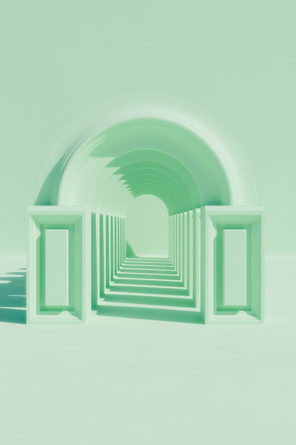 a green tunnel with white walls and a white floor
