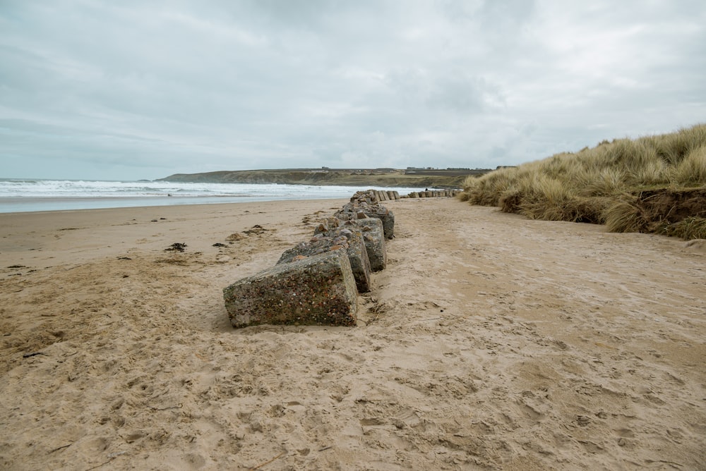 a row of rocks sitting on top of a sandy beach