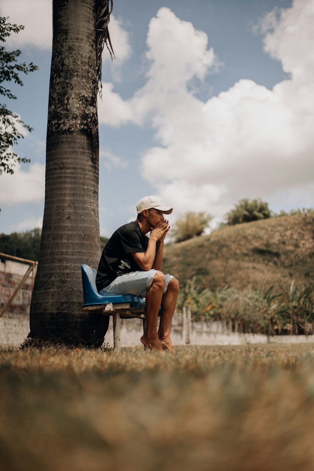 a man sitting on a bench next to a palm tree