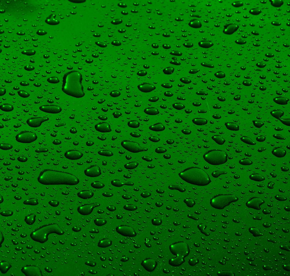 a green background with water drops on it