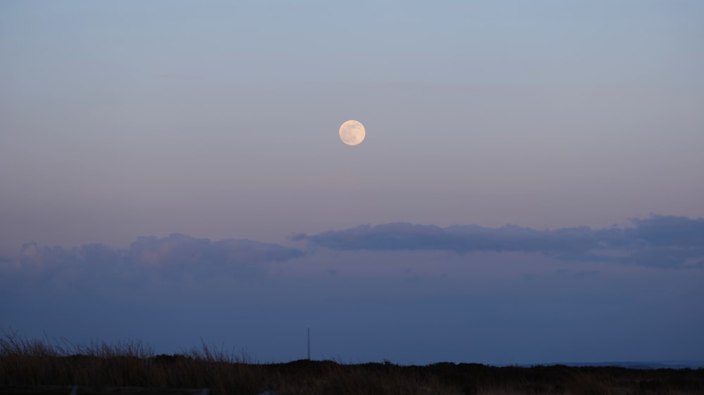 Une pleine lune est vue dans le ciel au-dessus d’un champ