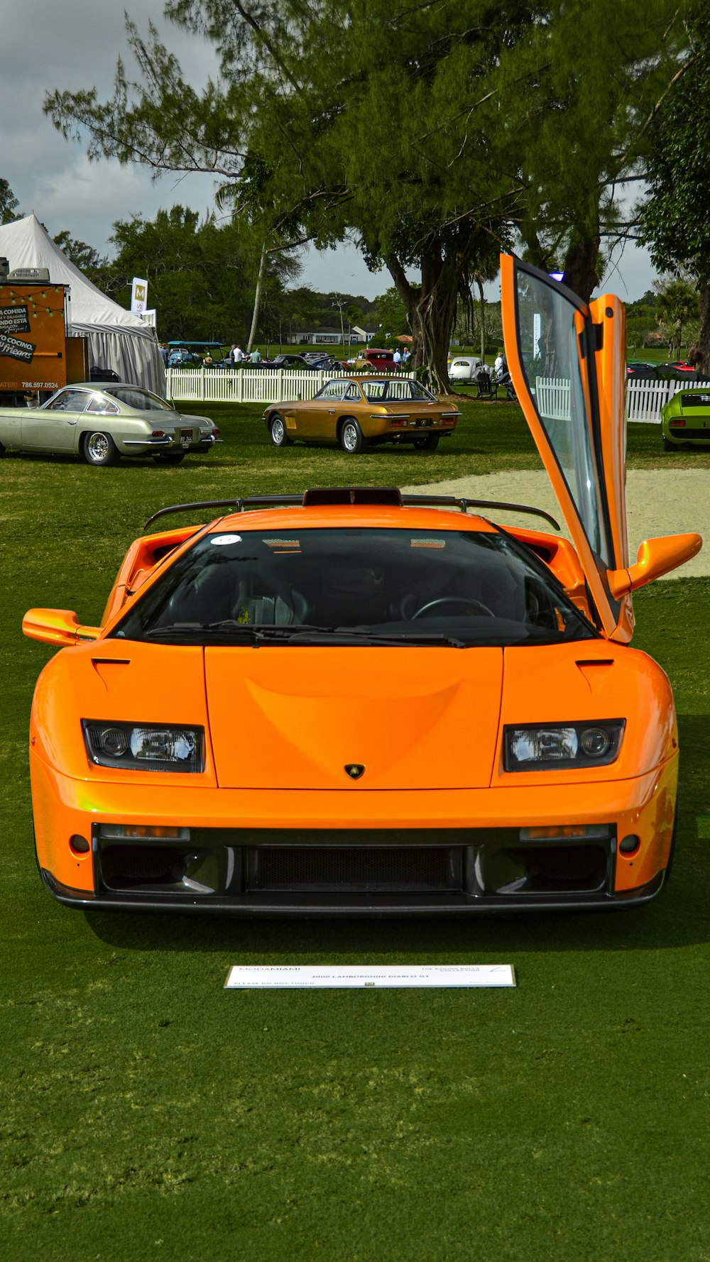 a bright orange sports car parked in the grass