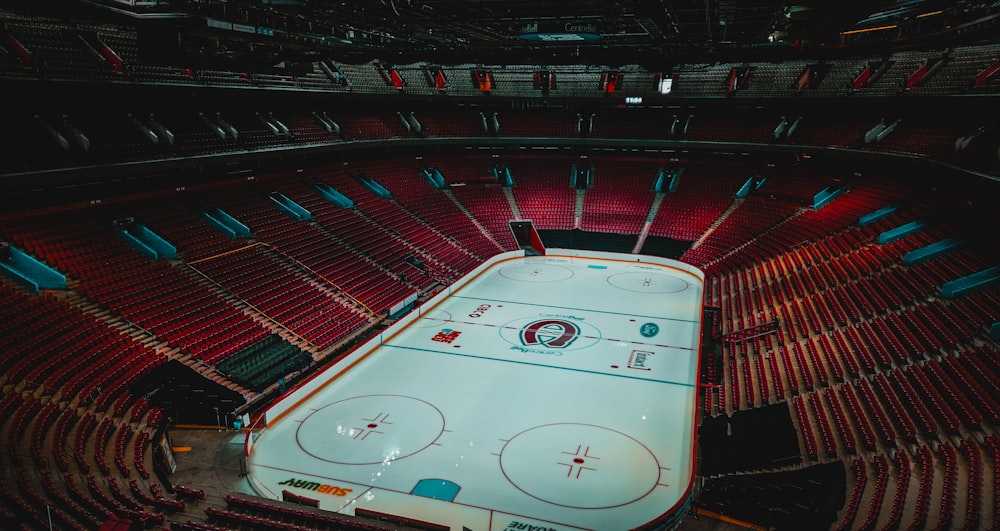 an overhead view of a hockey rink in a stadium
