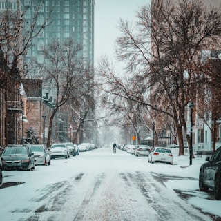 a person walking down a snow covered street