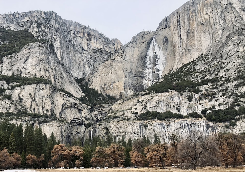 a mountain range with trees and a body of water