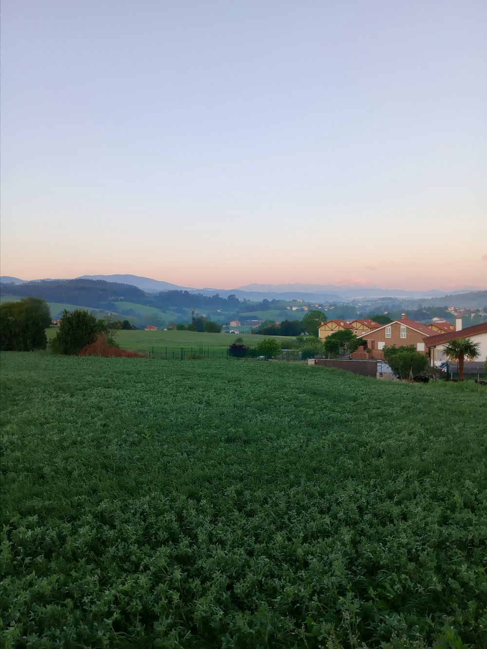 a green field with houses in the distance