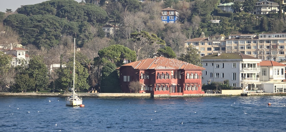 a red building sitting on top of a body of water