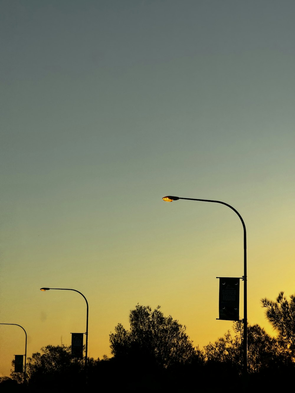 a street light on a pole next to some trees