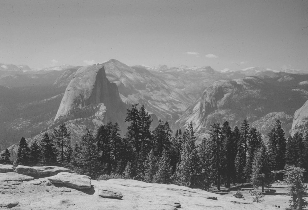 a black and white photo of a mountain range