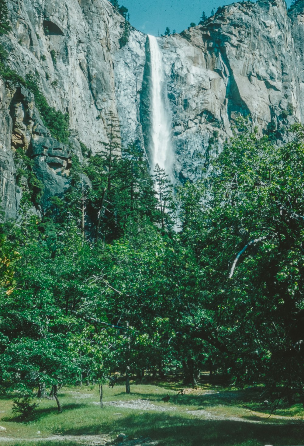 a view of a waterfall from the ground
