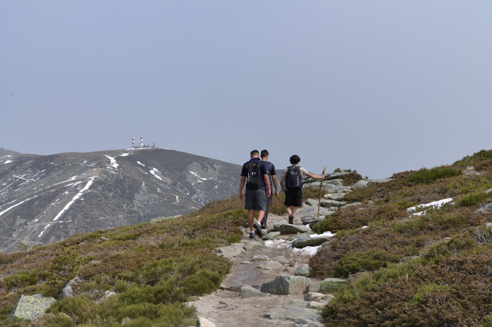 a couple of people walking up a hill