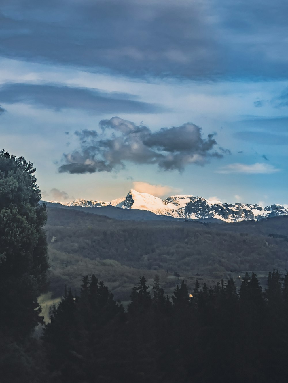 a view of a mountain range with trees in the foreground