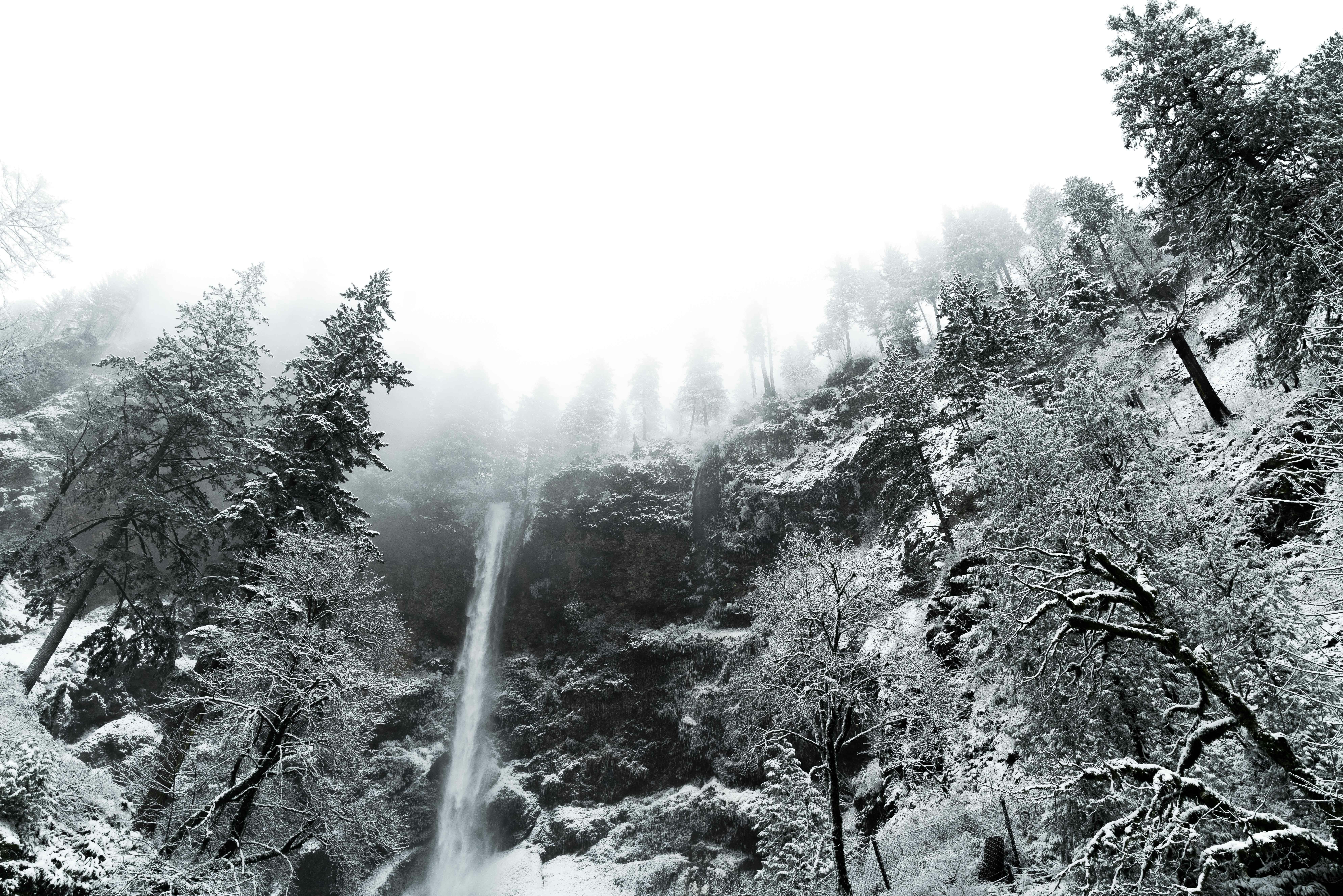 a waterfall in the middle of a forest covered in snow