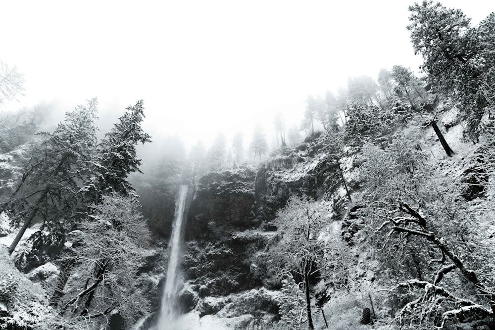 ein Wasserfall mitten im schneebedeckten Wald