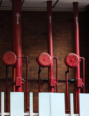 a row of red fire hydrants sitting next to each other