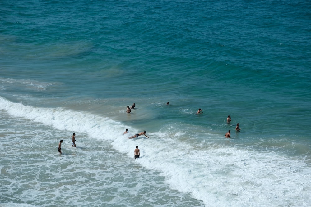 a group of people swimming in the ocean