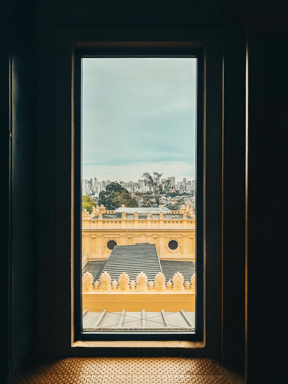 a view of a building through a window