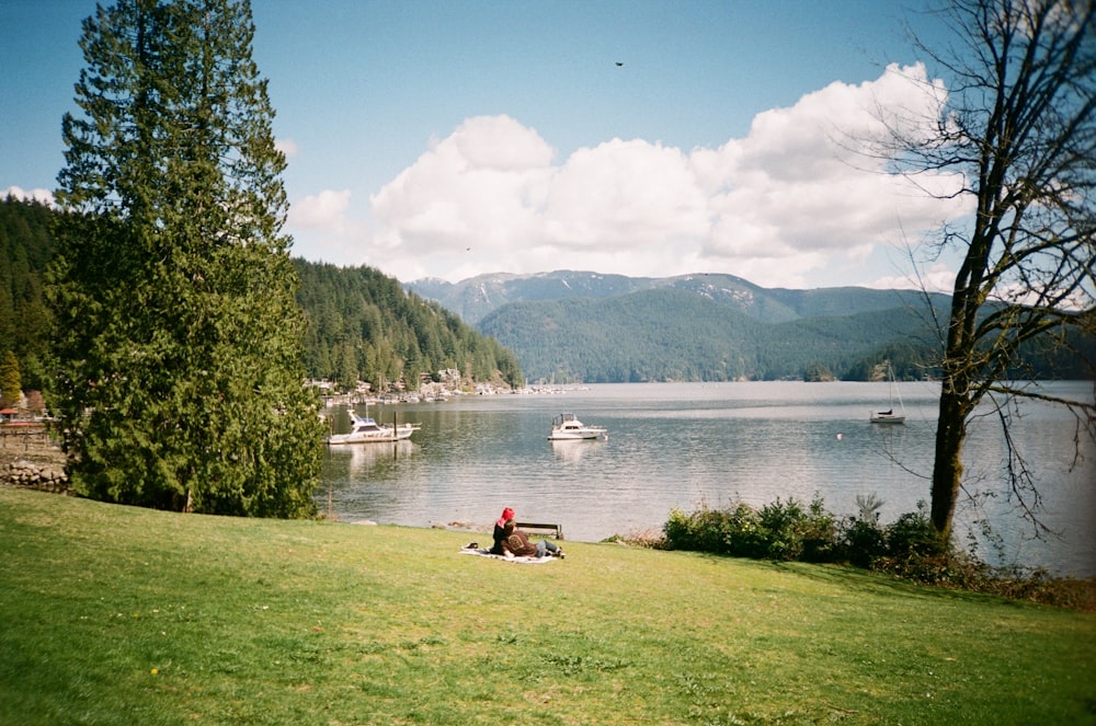 a person sitting on a bench near a body of water