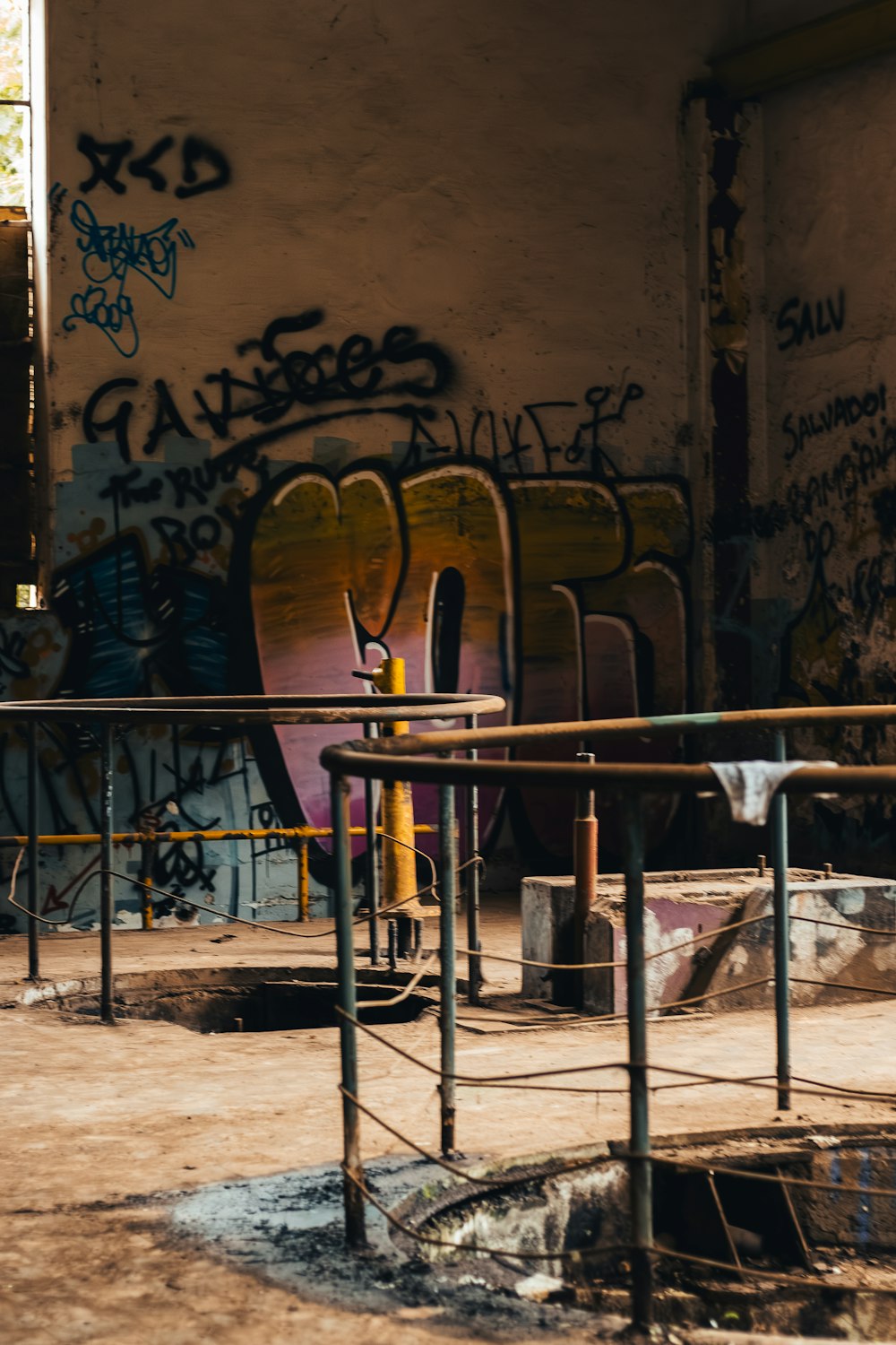 a fire hydrant in front of a graffiti covered wall