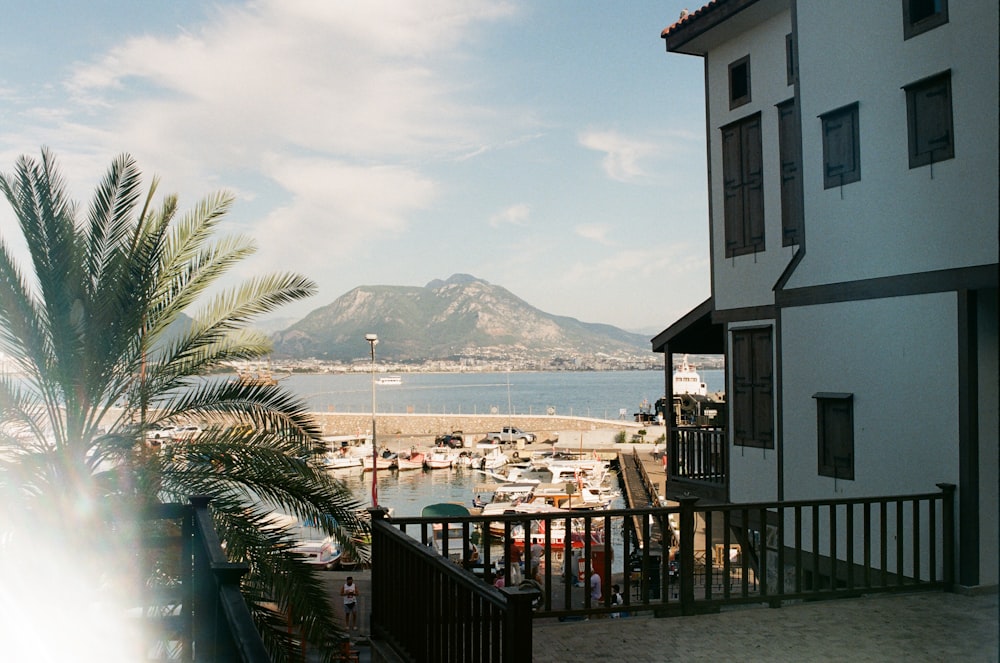 a view of a marina from a balcony