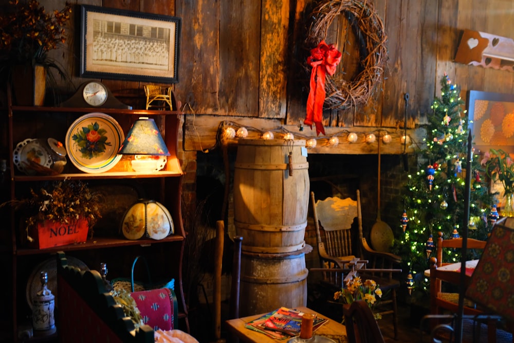 a living room filled with furniture and a christmas tree